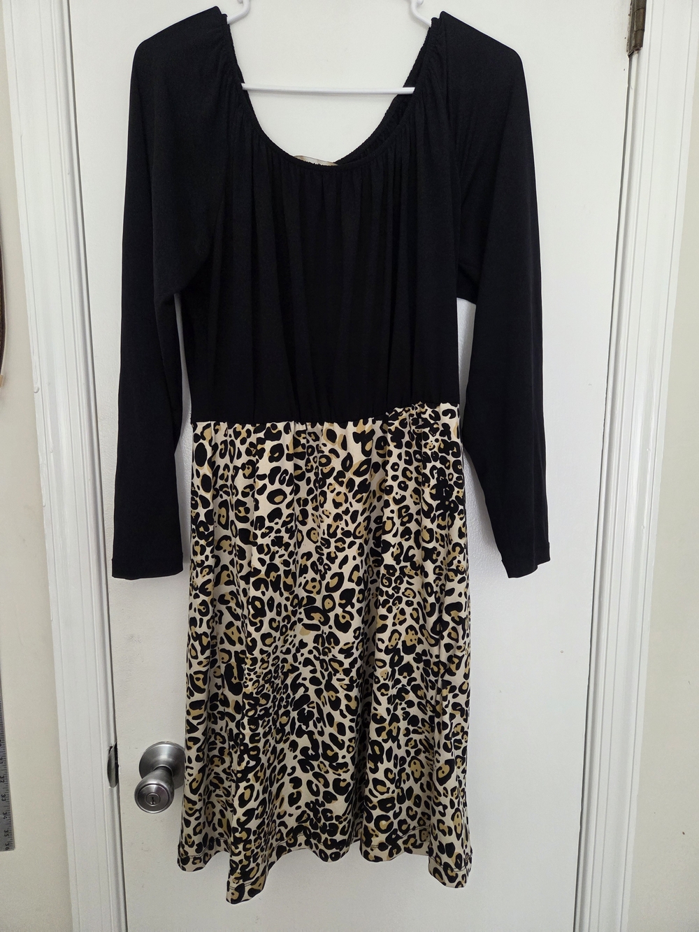 AA Studio AA Size 8 Long Sleeve Scoop Neck Leopard Print Mix Dress Black Tan